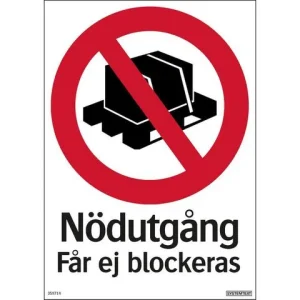 Skylt Nödutgång får ej blockeras 210x297